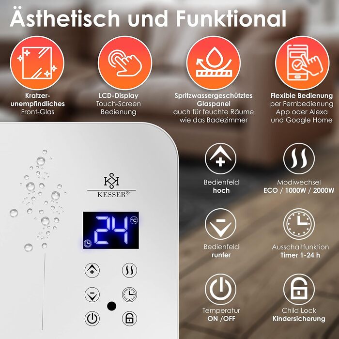 KESSER® Electric Glass Heater Glass Convector Electric Heater Heating Radiator ✓ Touchscreen ✓ APP WiFi Function Incl. Remote Control ✓ LCD Display ✓ Timer | Stand-alone or Wall-mounted Unit | 2000 Watts | White