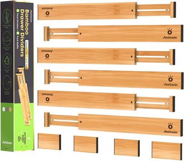 ANTOWIN 10 Pcs Adjustable Bamboo Drawer Dividers, Drawer Organizer, Spring-loaded, Kitchen, Dresser, Bathroom, Bedroom, Baby Drawer, Desk Organization System (43-56 cm) Natural