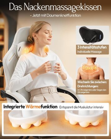 Ігровий крісло Dowinx з масажем, ергономічний дизайн, підтримка попереку та шиї, до 135 кг, шкіра, для дорослих (білий)