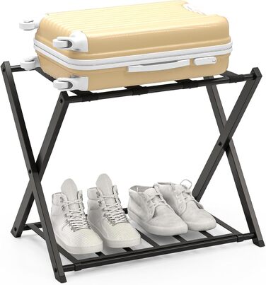 GIANTEX Folding Luggage Rack, 2-Tier, 68 x 43 x 58 cm Luggage Shelf, Baggage Rack, Metal, Space-Saving Luggage Stand for Bedroom, Guest Room, Hotel, Black (2 Pieces, Black) (1 Piece, Black)