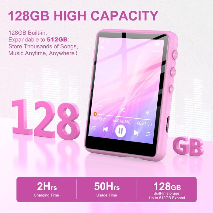 MP3 плеєр SWOFY 128GB Bluetooth 5.3, Рожевий - міні-плеєр з сенсорним екраном 2.4