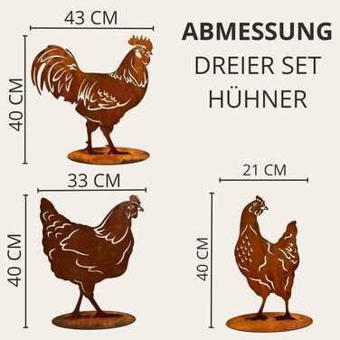 Stahldesign Edelrost Chicken Set, Life-Size for Display, Handmade in Germany. Wonderful garden decoration made of rust-colored metal, rust-look decor, rust figures animals, rust figures garden, rust decor.