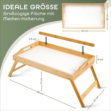 Бамбуковий приліжкові столики Blumtal з дерев'яною підпоркою для планшетів/телефонів - піднос для сніданку в ліжко - складаний приліжкові столики 50 x 30 x 6 см - сервірувальний піднос на ніжках - стійкий приліжкові столики (Білий)
