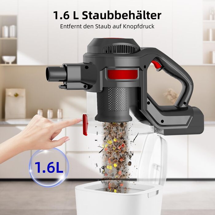 Бездротовий пилосос Authmic 40000Pa з акумулятором, час роботи до 50 хв, об'єм контейнера 1.6 л, HEPA фільтр×4, для килимів, твердих поверхонь, шерсті тварин (темно-червоний)