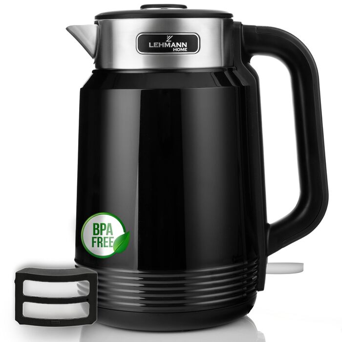 Електричний чайник LEHMANN з нержавіючої сталі 2L, 2200W, швидке нагрівання, подвійні стінки, автовимкнення та захист від перегріву, BPA-free, для великих сімей та офісів, чорний