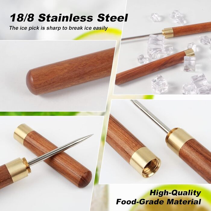Ice Picks with Cover - 2 Pack Stainless Steel Ice Breakers, Non-Slip Wooden Handle, Ice Pick Tool, Easy to Grip, Ice Pick for Kitchen