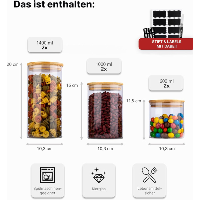 Набір контейнерів для зберігання Deco haus® 2 шт. 1,3 л (з етикетками) - для кави, цукру, борошна, мюслі. Герметичні контейнери для кавових зерен, цукру, борошна та інших продуктів.