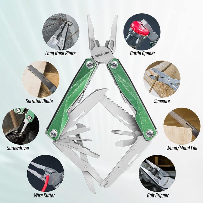 Мультитул Swiss+Tech 16-в-1 з нержавіючої сталі з ножем, пилкою, плоскогубцями, викрутками та ножицями для кемпінгу, відпочинку та ремонту, з чохлом, вінтажний зелений