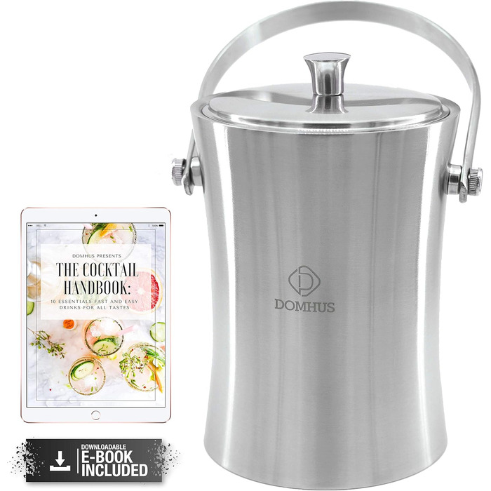 2.0L Premium Ice Cube Container with Lid and Tongs | Stainless Steel Champagne Cooler Insulated Double-Walled Stainless Steel Ice Container with Carrying Handle | Silver Matte