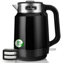 Електричний чайник LEHMANN з нержавіючої сталі 2L, 2200W, швидке нагрівання, подвійні стінки, автовимкнення та захист від перегріву, BPA-free, для великих сімей та офісів, чорний