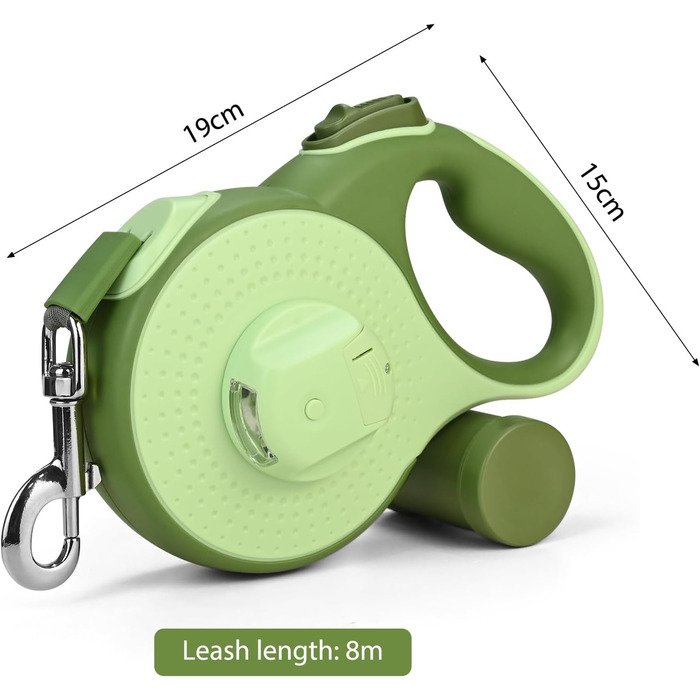 Рулетка для собак з LED-підсвічуванням та тримачем для відходів, 8 м, для собак до 50 кг, без перекручування, з функцією швидкого гальмування