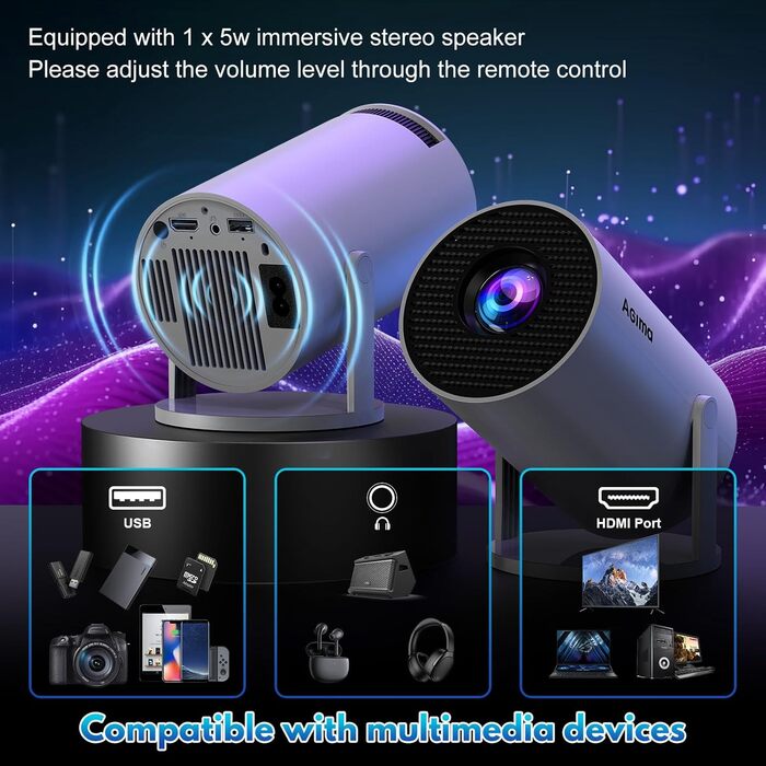 Портативний проєктор Mini Beamer 1080p з Wi-Fi та Bluetooth, сумісний з HDMI, смартфоном, USB, TV-Stick, для домашнього кінотеатру, чорний (Weiß)