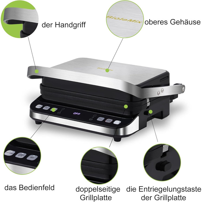 Contact Grill, Sandwich Maker, Waffle Iron 180° Double-Sided Optigrill Indoor Electric Grill | 6 automatic programs | Intuitive sensor | Touch display, 2000 W, Grill with 4 removable plates (BCG02D)