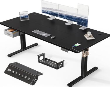 Devoko Height Adjustable Standing Desk 160x80cm with Drawers, USB Charging Port, Cable Management Tray, and Memory Function - White