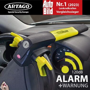 ARTAGO 870 Блокіратор керма 2-в-1 з сигналізацією 120дБ і LED, протиугінний замок для авто, на кермову спицю, преміум якість