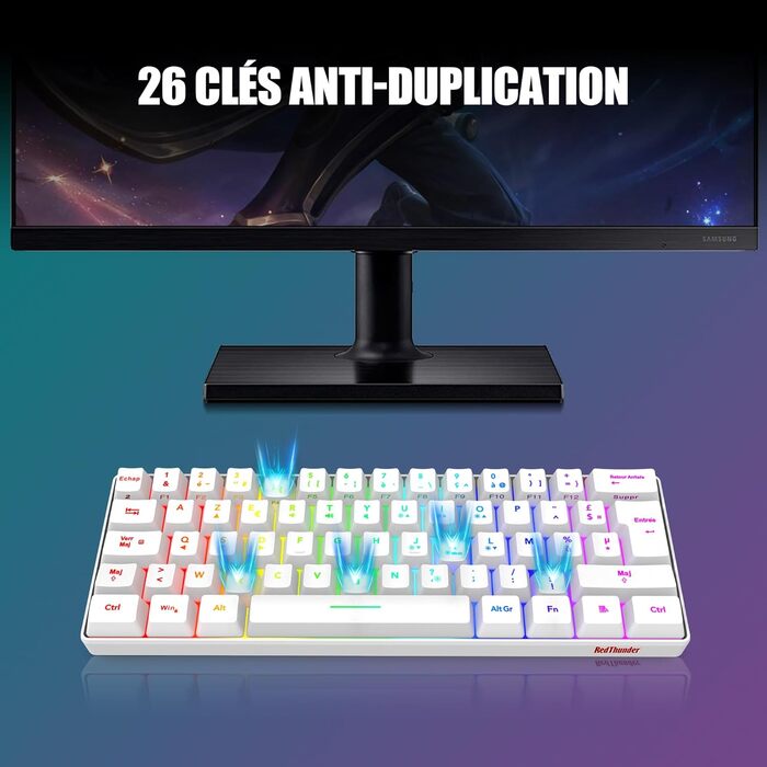 RedThunder K62 Бездротова ігрова клавіатура та миша, RGB, AZERTY, 62 клавіші, Mini, для PC/PS5 (білий)