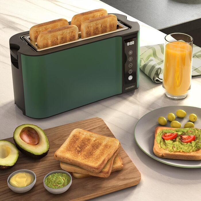 Тостер Arendo з нержавіючої сталі, 4 слоти, сенсорний екран, подвійні стінки, 1500 Вт, підставка для булочок, 7 рівнів підсмажування, центрування хліба, таймер, пам'ять, індикатор E: Green