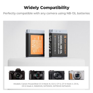 Запасний акумулятор K&F CONCEPT NB-13L (2 шт.) з LCD-зарядним пристроєм для Canon EOS G7X3/G7X2/G9X/G5X/SX720HS