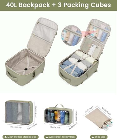 Рюкзак LOVEVOOK 40L для ручної поклажі в літак, водонепроникний, з відділенням для ноутбука 17 дюймів, для подорожей, роботи, хайкінгу, оливково-бежевий