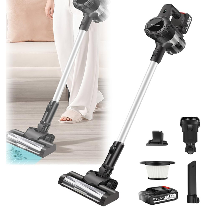 Бездротовий вертикальний пилосос YouseaHome 15kpa з HEPA-фільтром та LED-підсвічуванням, акумуляторний ручний пилосос з 2 батареями (3000mAh)