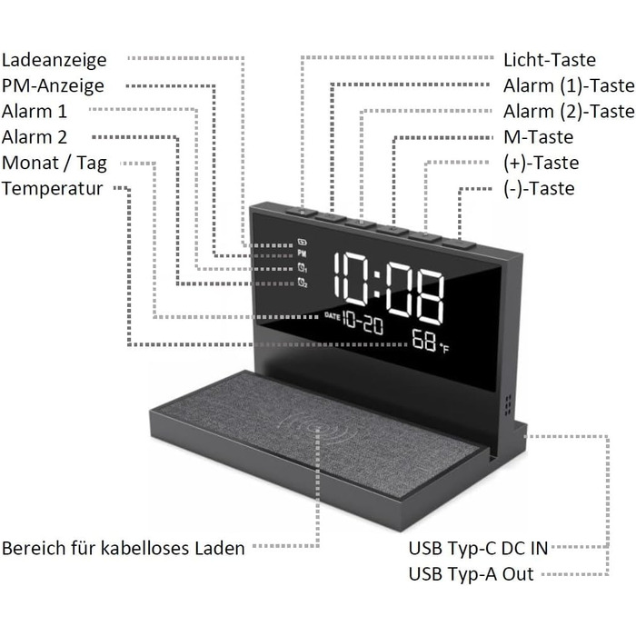 Бездротовий зарядний пристрій Reflexion ACW2188: зарядка смартфона, будильник, нічник, USB-порт, великий дисплей