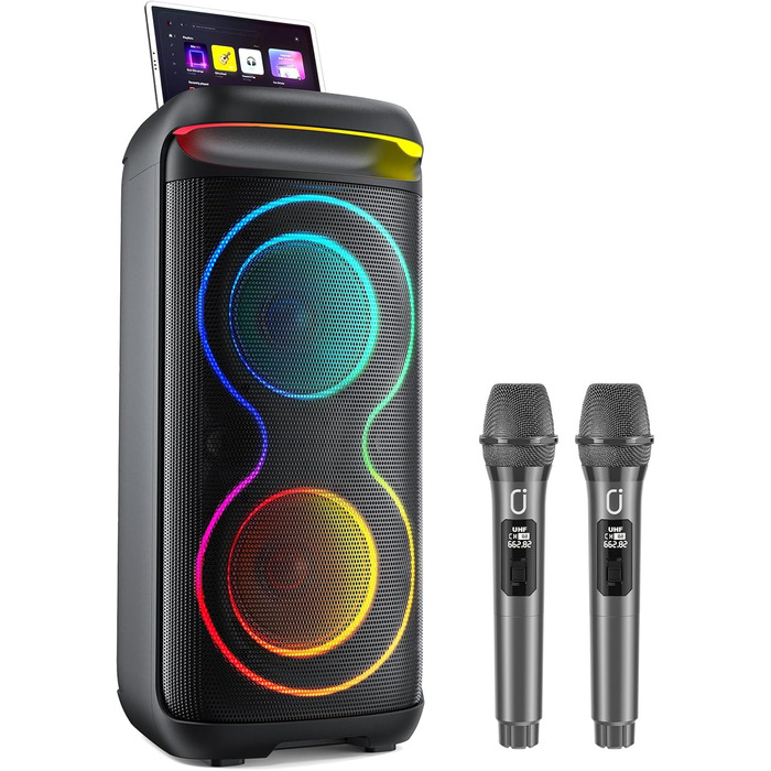 Караоке машина HWWR T20 з 2 мікрофонами, Bluetooth, RGB-підсвічуванням, TF/USB, AUX, Rec. Партійна колонка для дому та вечірок. Підтримка TWS.