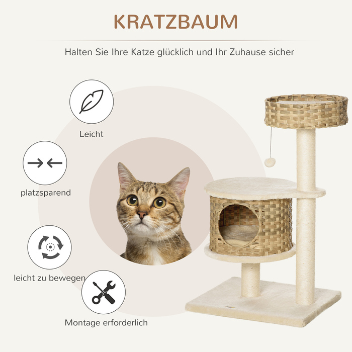 PawHut Дряпак для котів з ротангу з котячою печерею та іграшкою-м'ячиком, котячий комплекс для маленьких котів, колір: натуральний та бежевий