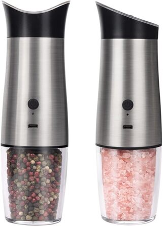 Gravity Electric Salt and Pepper Grinder Set, USB Rechargeable, Automatic, One-Handed Operation, Grinder for Kitchen, Grill, Adjustable Coarseness, Silver, 2 Pieces