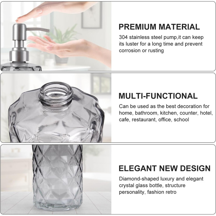 Дозатор мила скляний для ванної кімнати, наповнюваний помповий дозатор для кухні з нержавіючим тримачем, 2 підставки, 330 мл, вінтажний дозатор мила з матовим насосом (сірий)