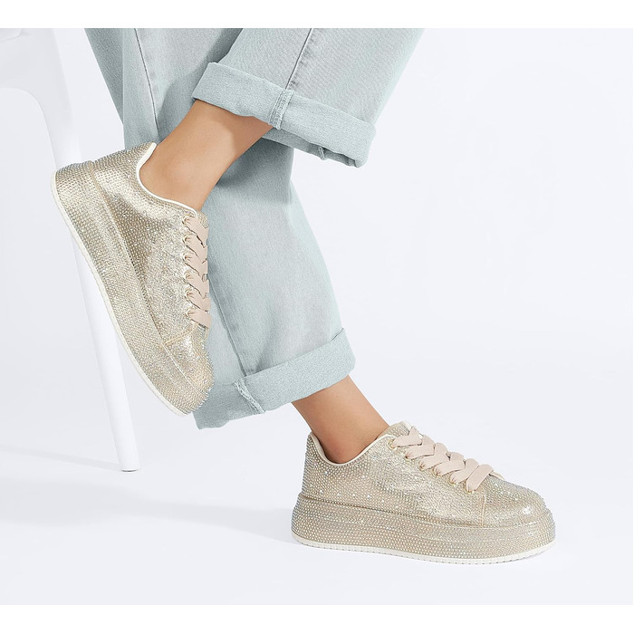 Жіночі кросівки LUCKY STEP зі стразами, платформа, блискучі, модель для вечірки, весілля, прогулянок (39 EU, золотий колір)