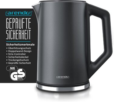 Arendo - Stainless Steel Kettle with Temperature Setting 40-100 Degrees in 5-Degree Increments - Double-Walled Design - Model ELEGANT - 1.5 Liter - 2200 W - Tea Kettle with Temperature Display - GS - Black (G: Pearl Grey)
