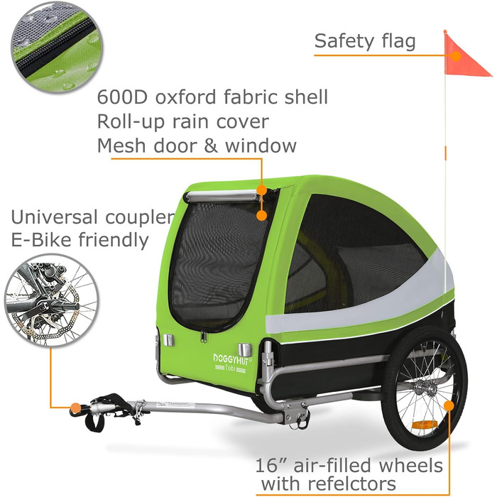 DOGGYHUT® Tobi - великий велотрейлер для собак до 35 кг (зелений)
