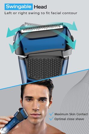 Електрична бритва чоловіча з 3 гнучкими лезами та тримером, синя. Бритва для вологого та сухого гоління, з кейсом для подорожей, акумуляторна, 120 хв роботи. Подарунок для чоловіків