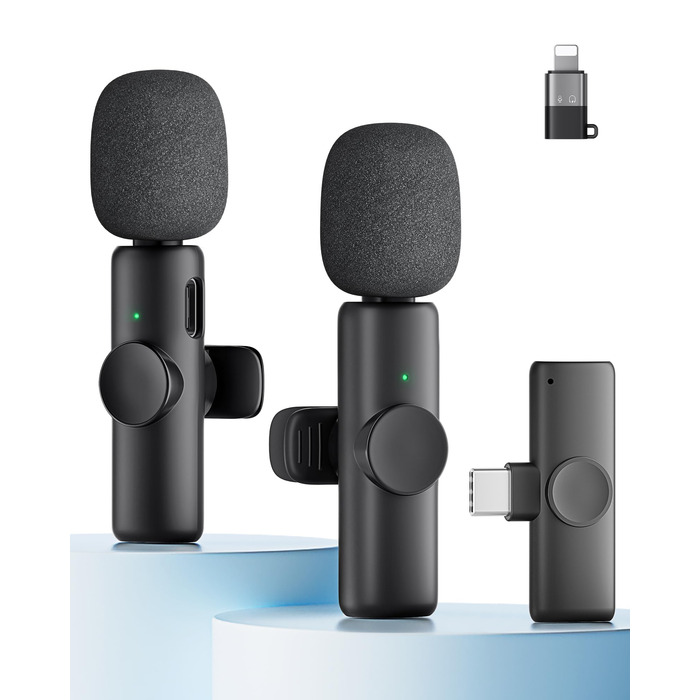 Беспроводной петличный микрофон 2 шт. для iPhone, iPad, Android, YouTube, TikTok, с шумоподавлением, Plug & Play, для видео, подкастов, черный