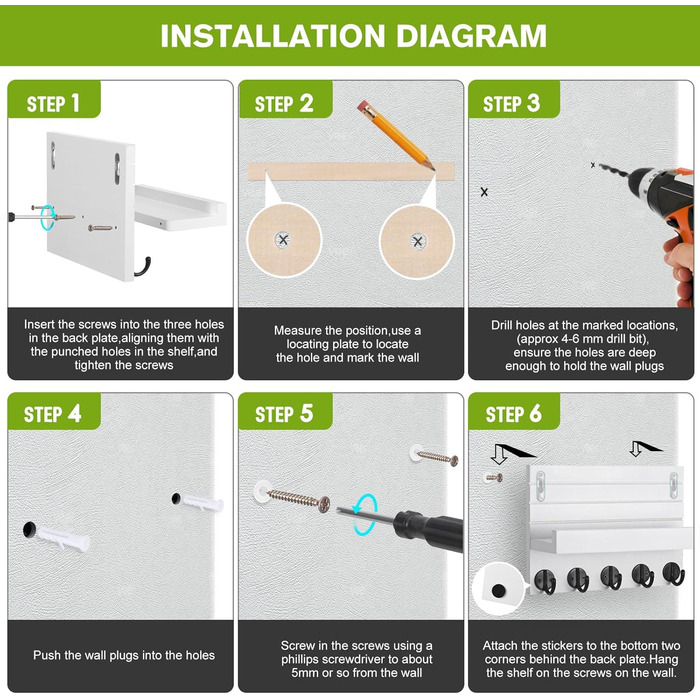 Дерев'яне ключниця на стіну з полицею, білий колір. 5 гачків для ключів, для прихожої, спальні, вітальні