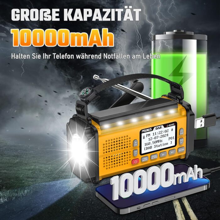 Радіоприймач PRUNUS J-924D: DAB+/UKW, радіо з ручкою, акумулятор 10000mAh, Bluetooth, ліхтарик, SOS, зарядка для телефону (зелений/жовтий)