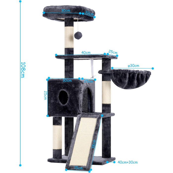 Котячий будиночок Hey-brother Kratzbaum 108 см, багатоярусний котячий комплекс з когтеточками, рампою, кошиком, будиночком та іграшкою-помпоном (димно-сірий), MPJ007SW