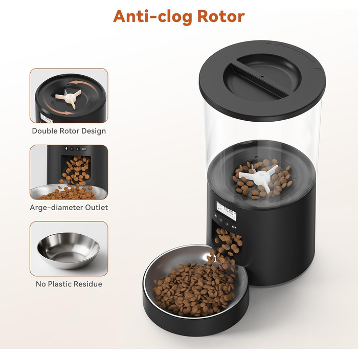 Автомат годівлі для котів 4.2L з окремою мискою, програмоване годування, подвійне живлення, 6 прийомів їжі на день (Чорний), миска з нержавіючої сталі