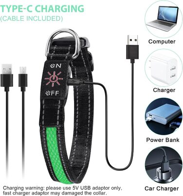 Світловідбиваючий нашийник для собак AUAUY з LED підсвіткою, USB-зарядка, водонепроникний, регульований, безпечний, 6 кольорів (-S), S(11.8-15.7'/30-40 cm) (Зелений)