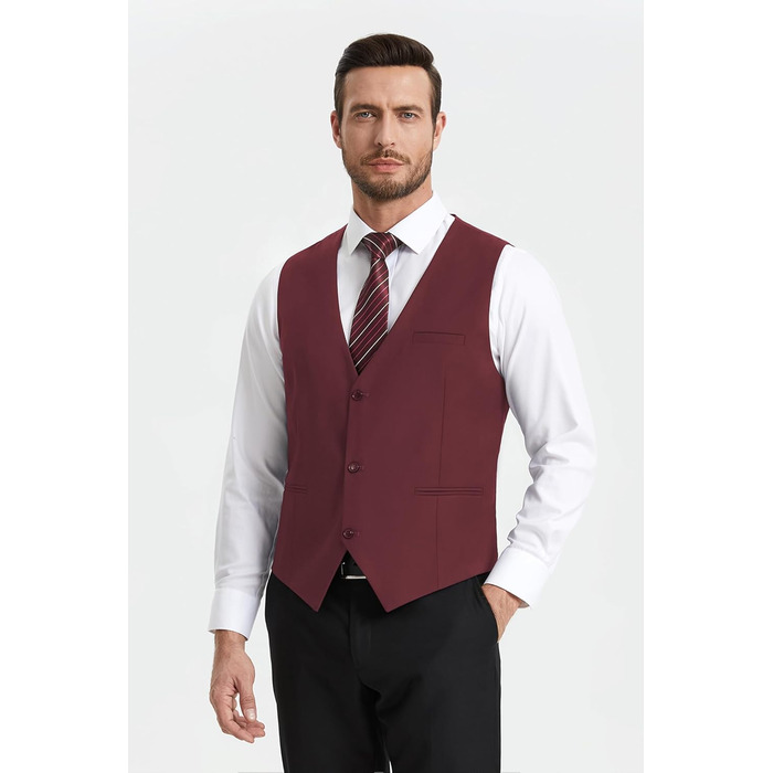 Жилет для чоловіків HISDERN: формальний, елегантний, бавовна, однотонний, V-подібний виріз, з кишенями, для весілля, вечірки, бізнесу (бордовий, розмір M)