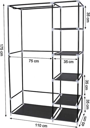 SONGMICS Fabric Wardrobe, XL, Clothes Closet, Folding Wardrobe, Camping Closet with Clothes Rail, 110 x 175 x 45 cm, Black, LSF007