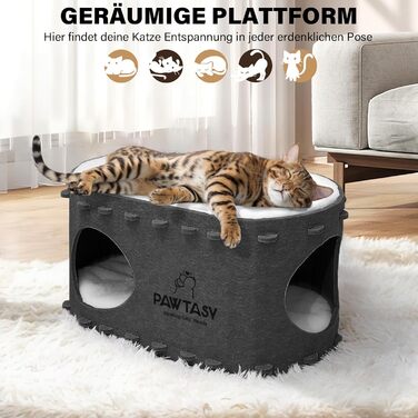 Cat Cave Felt Cat Bed, Cave Cat House for Indoor Cats, Cave with 2 Soft and Warm Cushions, Winter-Proof, Protects Cat Claws, 58W x 33D x 30H cm, (Dark Grey)