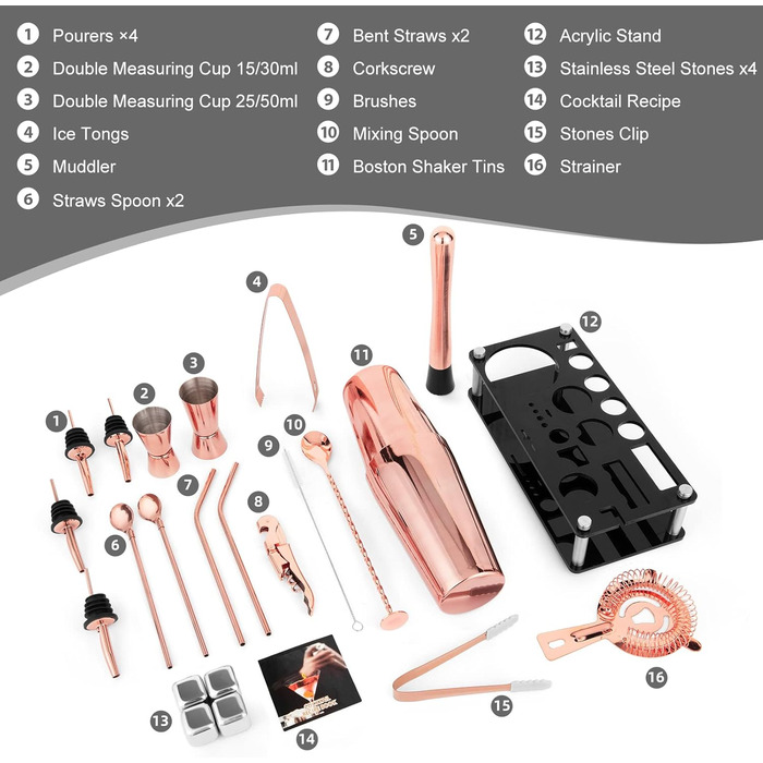 Набір для коктейлів 23 предмети Boston з нержавіючої сталі, золотий, з акриловою підставкою, рецептами та 4 каменями для віскі - професійний барний набір для дому та вечірок