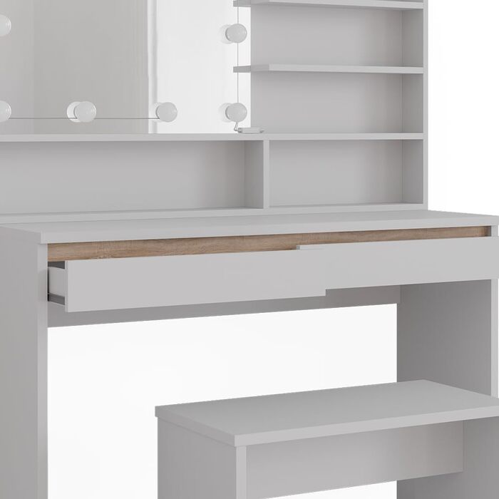 Косметичний стіл Vicco Emma 120 см, білий/сонома, зі дзеркалом, полицею, банкеткою та LED-підсвіткою