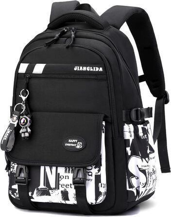 Шкільний рюкзак Tanou для хлопчиків-підлітків, принт графіті, водонепроникний, 10-18 років, для школи, гімназії, старшої школи (чорний/білий)