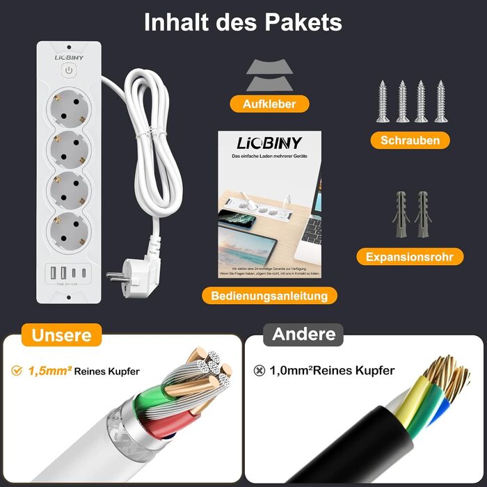 Вбудована розетка з 2 USB-C та 4 розетками, 3680W, 16A, білий кабель 2м. Розподільник розеток для конференц-столу, дивану