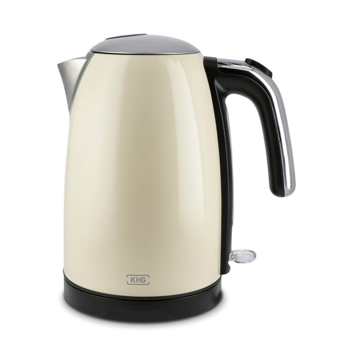 Набір для сніданку KHG: чайник та тостер, кремово-бежевий, ретро-дизайн, 1.7 л, 2 тости, 360° обертання, кнопка відкривання, індикатор, регулювання ступеня підсмажування, функції підігріву та розморожування