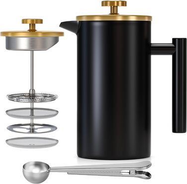 Enfmay French Press Coffee Maker, 1L Stainless Steel French Press with 4 Filters and Spoon, Detachable, Easy to Clean, Stainless Steel Insulated Coffee Pot Thermos for Home, Travel and Camping, Silver 1000ML Silver