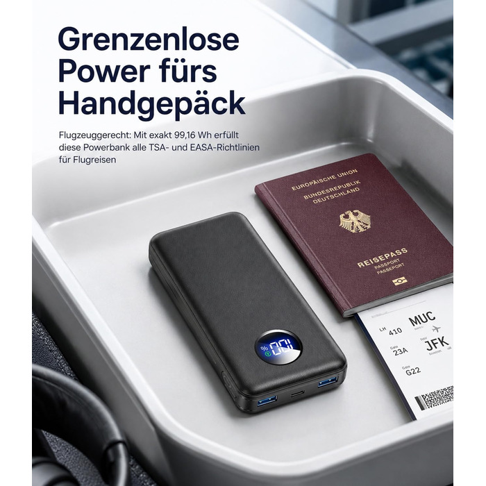 Power Bank 26800mAh 22.5W з 3 портами (USB-C PD 3.0, QC 3.0, USB-A) – Зовнішній акумулятор для iPhone, Samsung, iPad, компактний, авіаперевезення