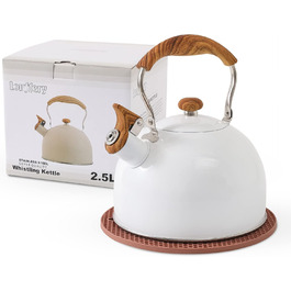 Чайник для плити LONFFERY 2.5 л з свистком, з нержавіючої сталі, дерев'яним декором, складаним ручками, кремово-білий